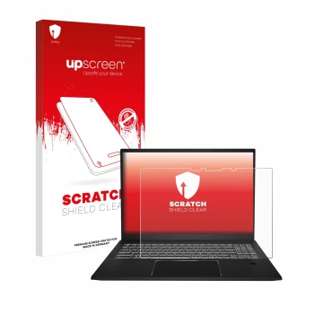 Vorderseite einer Produktverpackung mit dem Markenlogo upscreen. Daneben ist das Gerät MSI Summit E16 AI Studio mit dem zugehö