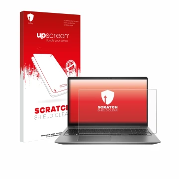 Vorderseite einer Produktverpackung mit dem Markenlogo upscreen. Daneben ist das Gerät HP Zbook Power 15 G10 mit dem zugehörig
