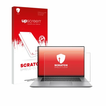 Vorderseite einer Produktverpackung mit dem Markenlogo upscreen. Daneben ist das Gerät HP Zbook Studio 16 G10 mit dem zugehöri