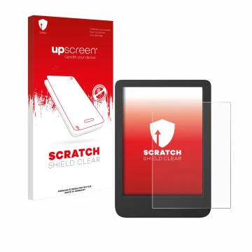 Vorderseite einer Produktverpackung mit dem Markenlogo upscreen. Daneben ist das Gerät Tolino Shine 5 Color 2024 mit dem zugeh