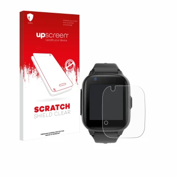 Vorderseite einer Produktverpackung mit dem Markenlogo upscreen. Daneben ist das Gerät Leotec Kids Allo Plus 4G mit dem zugehö