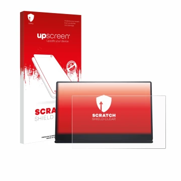 Vorderseite einer Produktverpackung mit dem Markenlogo upscreen. Daneben ist das Gerät Dell P1424H mit dem zugehörigen Display