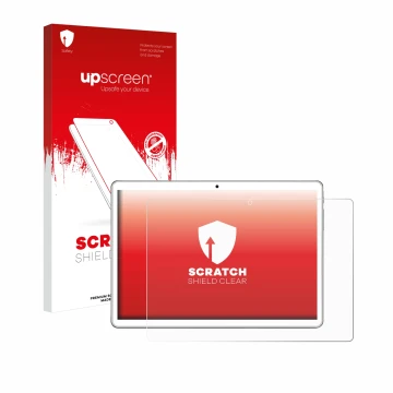 Vorderseite einer Produktverpackung mit dem Markenlogo upscreen. Daneben ist das Gerät niuniutab KT107 mit dem zugehörigen Dis