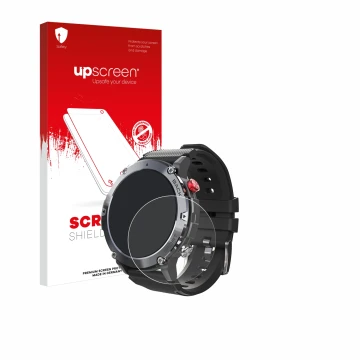Vorderseite einer Produktverpackung mit dem Markenlogo upscreen. Daneben ist das Gerät Darmowade Smartwatch 1.32