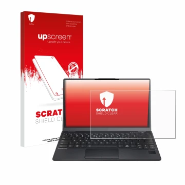 Vorderseite einer Produktverpackung mit dem Markenlogo upscreen. Daneben ist das Gerät Fujitsu Lifebook U9312 mit dem zugehöri