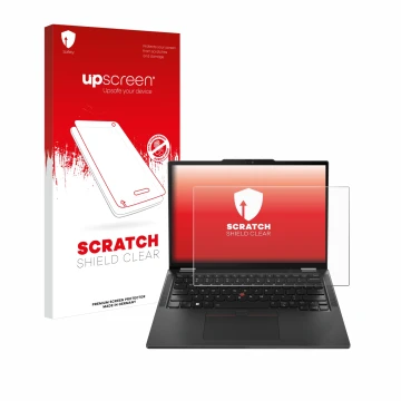 Vorderseite einer Produktverpackung mit dem Markenlogo upscreen. Daneben ist das Gerät Lenovo ThinkPad X13 Gen 5 mit dem zugeh