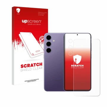 Vorderseite einer Produktverpackung mit dem Markenlogo upscreen. Daneben ist das Gerät Samsung Galaxy S24 Enterprise Edition (