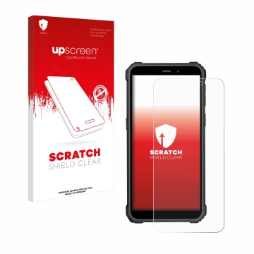 Vorderseite einer Produktverpackung mit dem Markenlogo upscreen. Daneben ist das Gerät Oukitel WP32 mit dem zugehörigen Displa