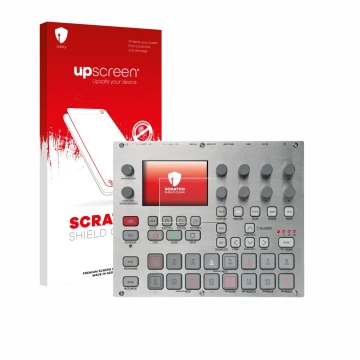 Vorderseite einer Produktverpackung mit dem Markenlogo upscreen. Daneben ist das Gerät Elektron Syntakt E25 Remix Edition mit 