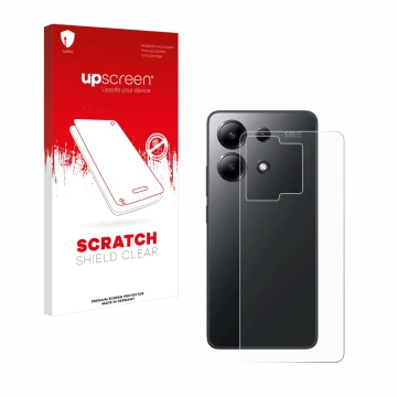 Vorderseite einer Produktverpackung mit dem Markenlogo upscreen. Daneben ist das Gerät Xiaomi Redmi Note 13 4G (Rückseite) mit