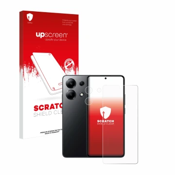 Vorderseite einer Produktverpackung mit dem Markenlogo upscreen. Daneben ist das Gerät Xiaomi Redmi Note 13 4G (Display+Kamera