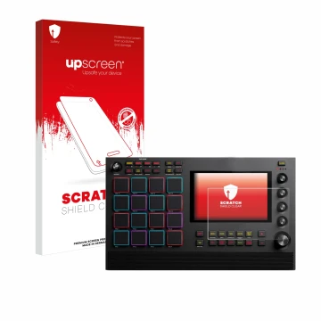 Vorderseite einer Produktverpackung mit dem Markenlogo upscreen. Daneben ist das Gerät Akai MPC Live II mit dem zugehörigen Di