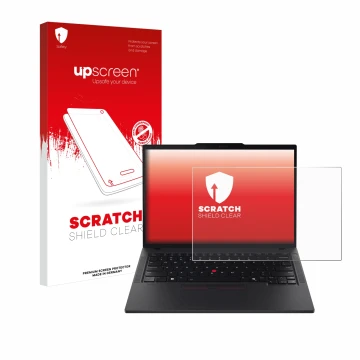 Vorderseite einer Produktverpackung mit dem Markenlogo upscreen. Daneben ist das Gerät Lenovo ThinkPad T14s Gen 5 mit dem zuge