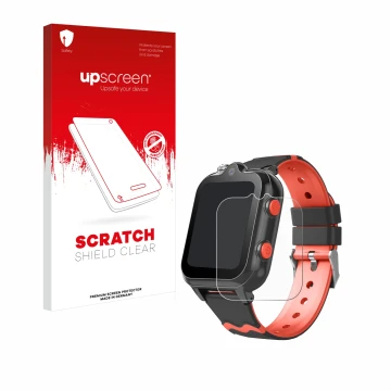 Vorderseite einer Produktverpackung mit dem Markenlogo upscreen. Daneben ist das Gerät Yuede Kids Smartwatch 1.69