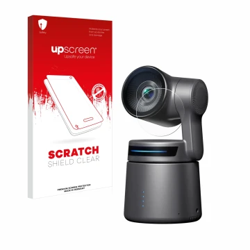 Vorderseite einer Produktverpackung mit dem Markenlogo upscreen. Daneben ist das Gerät OBSBOT Tail Air mit dem zugehörigen Dis