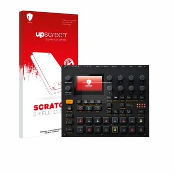 Vorderseite einer Produktverpackung mit dem Markenlogo upscreen. Daneben ist das Gerät Elektron Digitakt II mit dem zugehörige