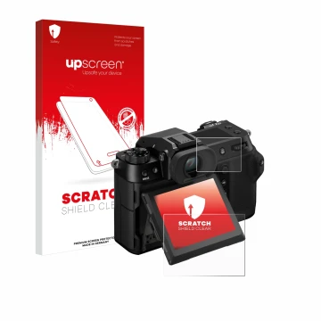Vorderseite einer Produktverpackung mit dem Markenlogo upscreen. Daneben ist das Gerät Fujifilm GFX100S II (Display + Schulter