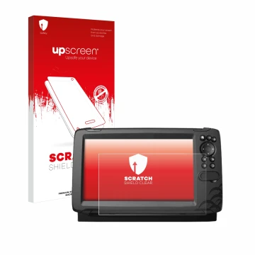 Vorderseite einer Produktverpackung mit dem Markenlogo upscreen. Daneben ist das Gerät Lowrance HOOK Reveal 9 mit dem zugehöri