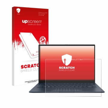 Vorderseite einer Produktverpackung mit dem Markenlogo upscreen. Daneben ist das Gerät ASUS ZenBook 14 OLED UX3405 Touch mit d