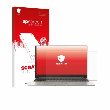 Vorderseite einer Produktverpackung mit dem Markenlogo upscreen. Daneben ist das Gerät ASUS ZenBook 15 OLED UM3504 mit dem zug