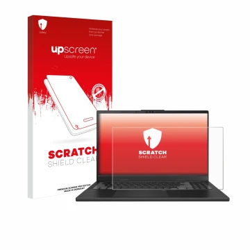 Vorderseite einer Produktverpackung mit dem Markenlogo upscreen. Daneben ist das Gerät ASUS VivoBook Pro 15 OLED N6506 mit dem