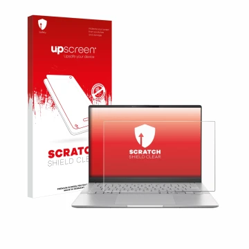 Vorderseite einer Produktverpackung mit dem Markenlogo upscreen. Daneben ist das Gerät ASUS Vivobook S 14 OLED M5406 mit dem z