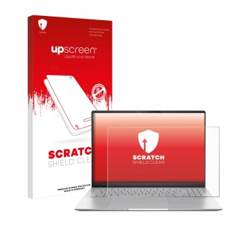 Vorderseite einer Produktverpackung mit dem Markenlogo upscreen. Daneben ist das Gerät ASUS Vivobook S16 OLED M5606 mit dem zu