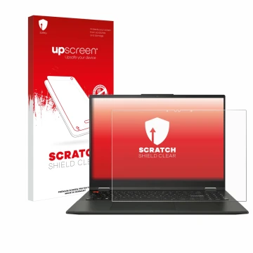 Vorderseite einer Produktverpackung mit dem Markenlogo upscreen. Daneben ist das Gerät ASUS Vivobook S 16 Flip TN3604 mit dem 