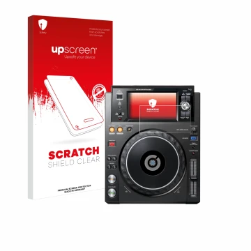 Vorderseite einer Produktverpackung mit dem Markenlogo upscreen. Daneben ist das Gerät Pioneer XDJ -1000MK2 mit dem zugehörige