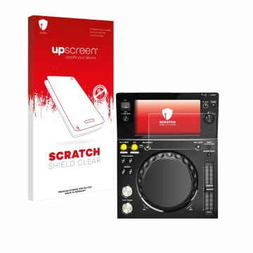Vorderseite einer Produktverpackung mit dem Markenlogo upscreen. Daneben ist das Gerät Pioneer XDJ -700 mit dem zugehörigen Di
