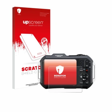 Vorderseite einer Produktverpackung mit dem Markenlogo upscreen. Daneben ist das Gerät Ricoh Pentax WG-1000 mit dem zugehörige