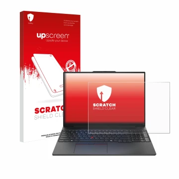 Vorderseite einer Produktverpackung mit dem Markenlogo upscreen. Daneben ist das Gerät Lenovo ThinkPad E16 Gen 2 mit dem zugeh