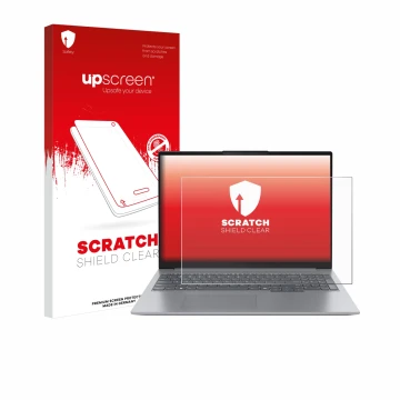 Vorderseite einer Produktverpackung mit dem Markenlogo upscreen. Daneben ist das Gerät Lenovo ThinkBook 16 Gen 7 mit dem zugeh