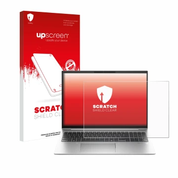 Vorderseite einer Produktverpackung mit dem Markenlogo upscreen. Daneben ist das Gerät HP EliteBook 845 G11 mit dem zugehörige