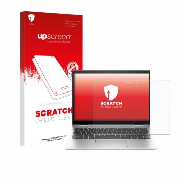 Vorderseite einer Produktverpackung mit dem Markenlogo upscreen. Daneben ist das Gerät HP Elite x360 830 G11 2-in-1 mit dem zu