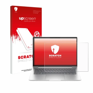 Vorderseite einer Produktverpackung mit dem Markenlogo upscreen. Daneben ist das Gerät HP EliteBook 645 G11 mit dem zugehörige