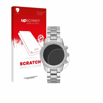 Vorderseite einer Produktverpackung mit dem Markenlogo upscreen. Daneben ist das Gerät Michael Kors Ritz MK6428 mit dem zugehö