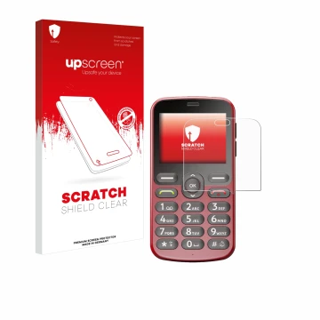 Vorderseite einer Produktverpackung mit dem Markenlogo upscreen. Daneben ist das Gerät Doro 1880 mit dem zugehörigen Displaysc