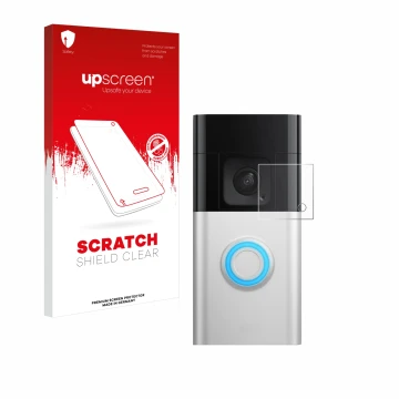 Vorderseite einer Produktverpackung mit dem Markenlogo upscreen. Daneben ist das Gerät Ring Battery Video Doorbell Pro mit dem