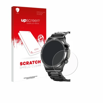 Vorderseite einer Produktverpackung mit dem Markenlogo upscreen. Daneben ist das Gerät Powerwill Smartwatch 1.39
