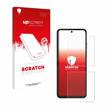 Vorderseite einer Produktverpackung mit dem Markenlogo upscreen. Daneben ist das Gerät Motorola Razr 50 mit dem zugehörigen Di