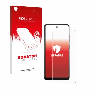 Vorderseite einer Produktverpackung mit dem Markenlogo upscreen. Daneben ist das Gerät Motorola Moto E14 mit dem zugehörigen D