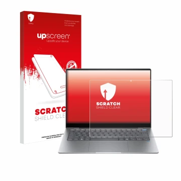 Vorderseite einer Produktverpackung mit dem Markenlogo upscreen. Daneben ist das Gerät HP OmniBook X AI 14 mit dem zugehörigen