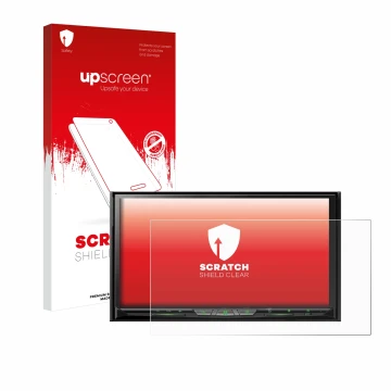 Vorderseite einer Produktverpackung mit dem Markenlogo upscreen. Daneben ist das Gerät Pioneer AVH-Z9200DAB mit dem zugehörige