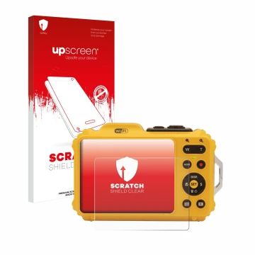 Vorderseite einer Produktverpackung mit dem Markenlogo upscreen. Daneben ist das Gerät Kodak Pixpro WPZ2 mit dem zugehörigen D
