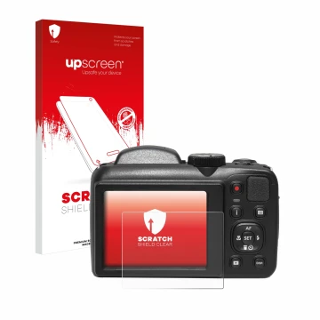 Vorderseite einer Produktverpackung mit dem Markenlogo upscreen. Daneben ist das Gerät Kodak Pixpro AZ255 mit dem zugehörigen 
