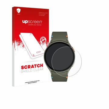 Vorderseite einer Produktverpackung mit dem Markenlogo upscreen. Daneben ist das Gerät Samsung Galaxy Watch 7 (44 mm) mit dem 