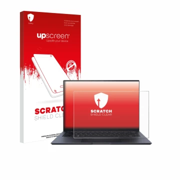 Vorderseite einer Produktverpackung mit dem Markenlogo upscreen. Daneben ist das Gerät ASUS ZenBook Pro 14 UX6404V mit dem zug