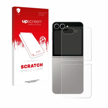 Vorderseite einer Produktverpackung mit dem Markenlogo upscreen. Daneben ist das Gerät Samsung Galaxy Z Flip 6 (Rückseite) mit