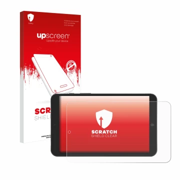 Vorderseite einer Produktverpackung mit dem Markenlogo upscreen. Daneben ist das Gerät Mediacom SmartPad Iyo 8 mit dem zugehör